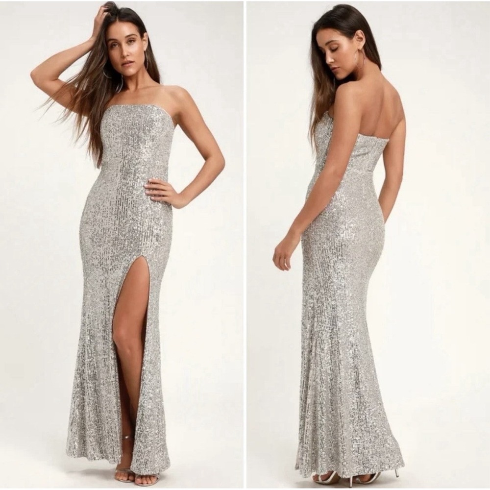 Lulus Silver Strapless Sequin Maxi Dress Medium Sexy evening‎ formal gown